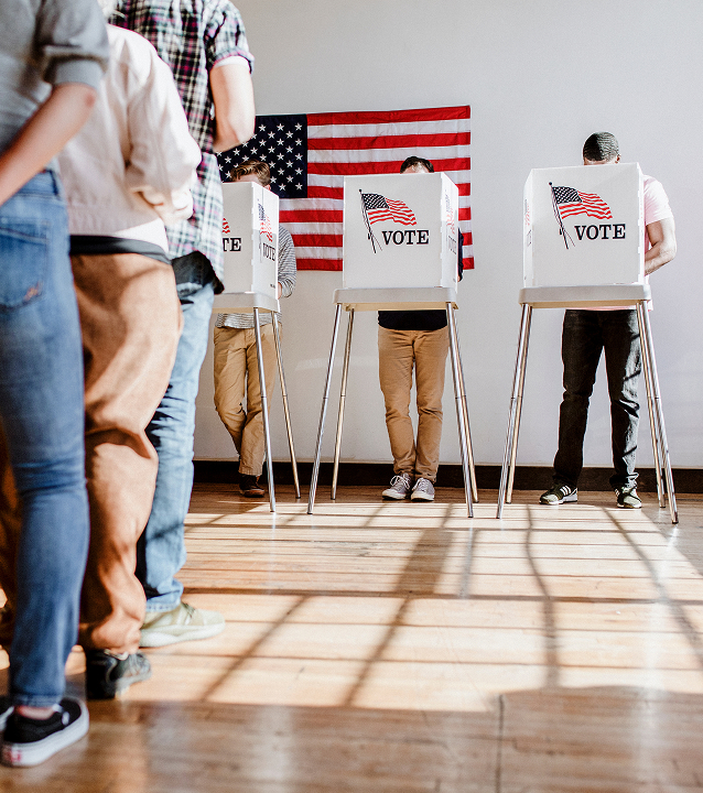 Voting station with US flags.