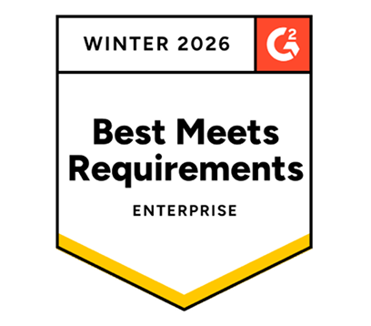 G2 Winter 2026 badge labeled ‘Best Meets Requirements – Enterprise’ with a yellow accent.