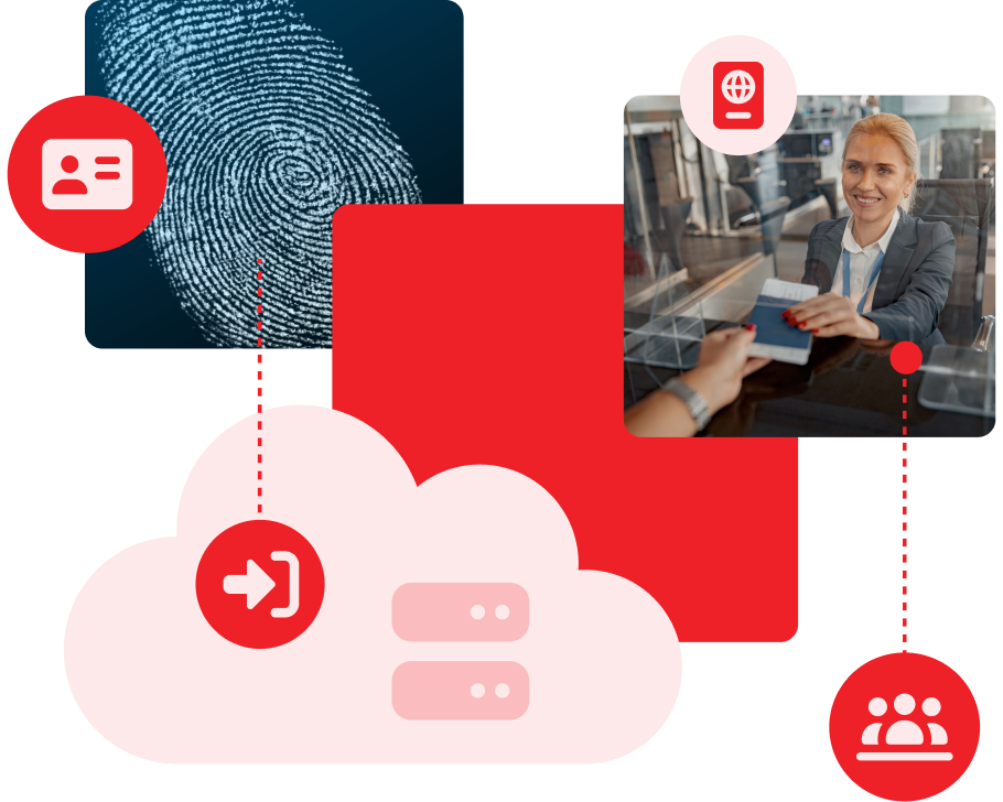 Image showing red box, finger print, passport control with woman handing over her passport and multiple icons surrounding the image with a large cloud symbol